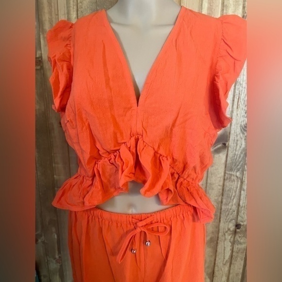 NWT Fancyinn 2 Piece Outfits Deep V Neck Ruffle Crop Top Split Wide Leg Pant Set - Picture 7 of 9